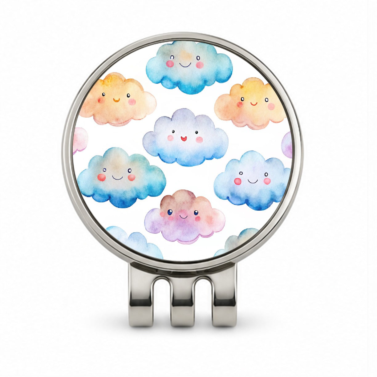 Sweet Smiling Clouds In A Row Watercolor Golf Hat Clip with Ball Marker