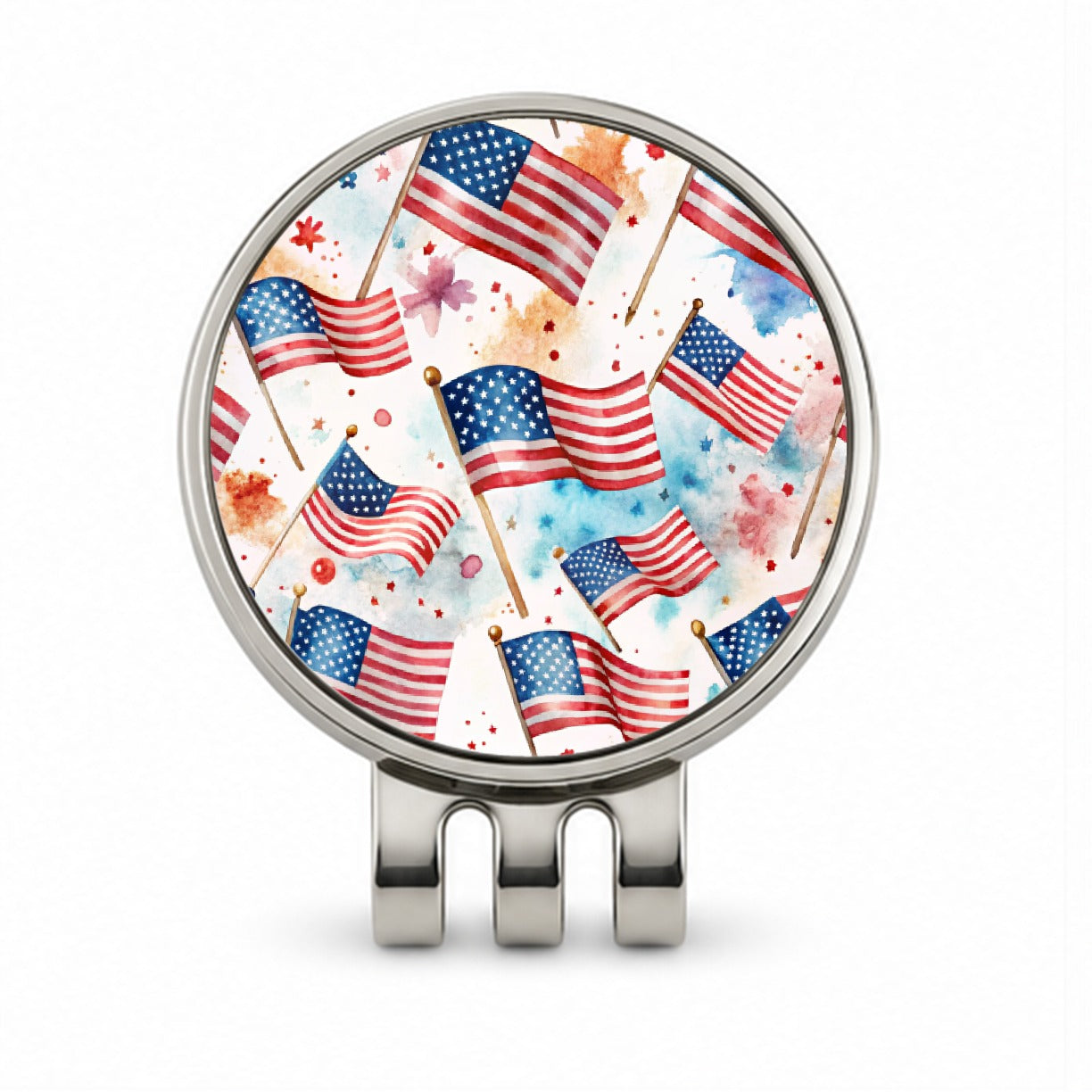 USA American Flags Patriotic Watercolor Golf Hat Clip with Ball Marker