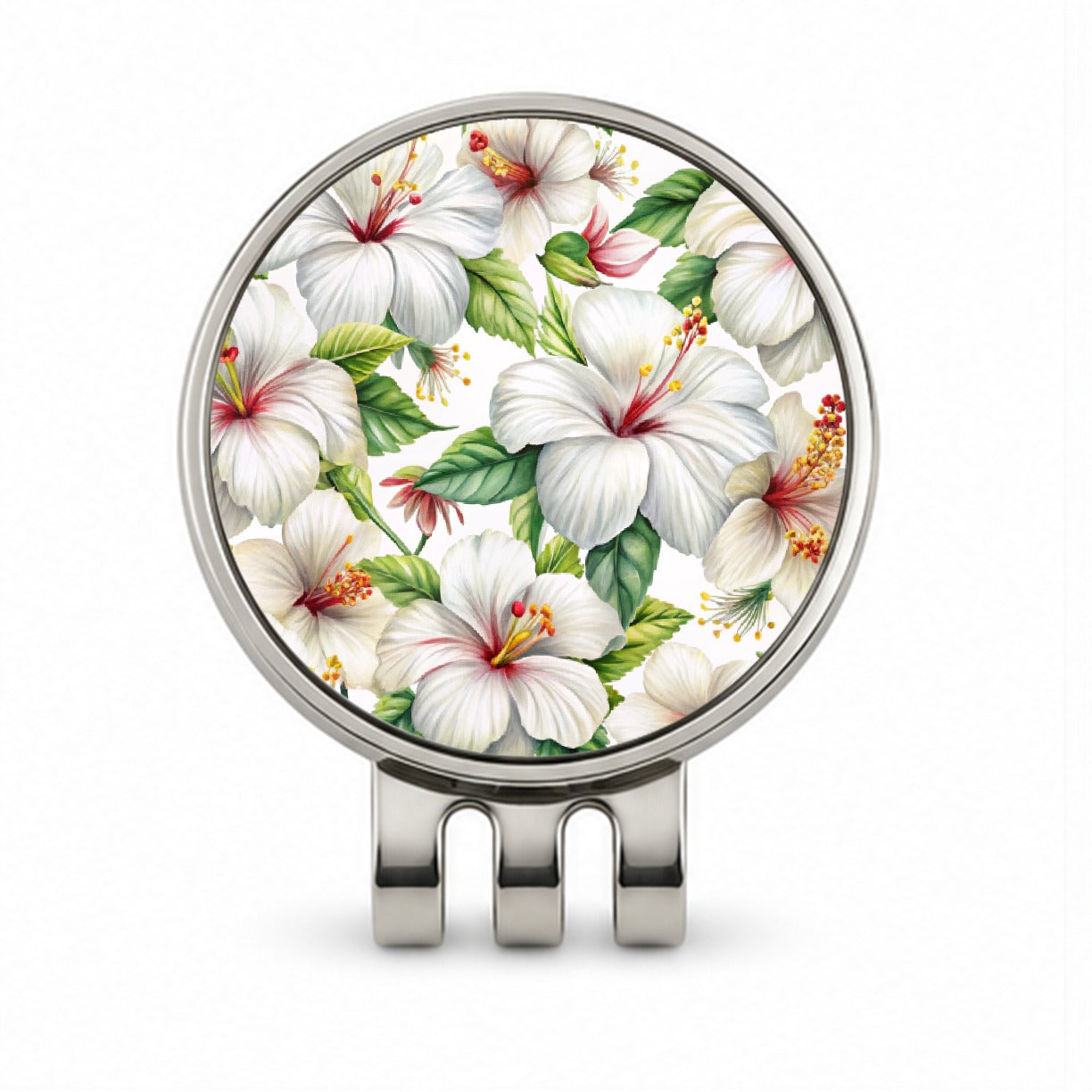 White Hibiscus Flowers Watercolor Golf Hat Clip with Ball Marker