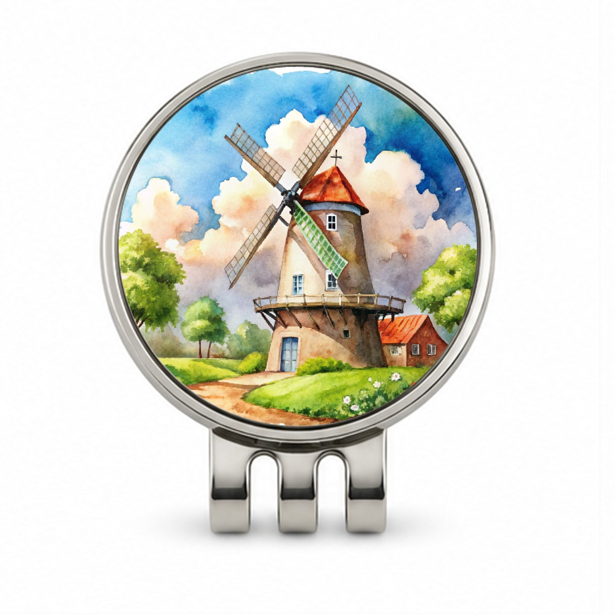 Windmill Beautiful Watercolor Golf Hat Clip with Ball Marker
