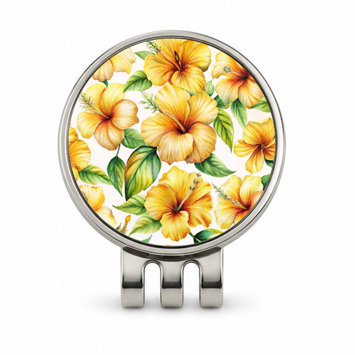 Yellow Hibiscus Flowers Watercolor Golf Hat Clip with Ball Marker