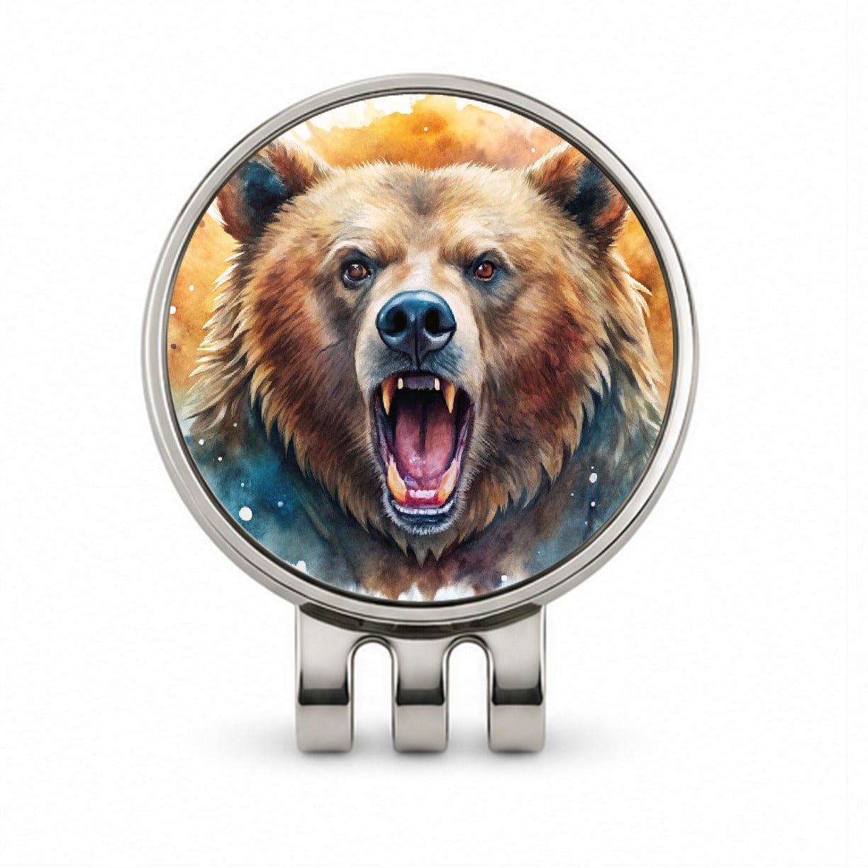 Angry Mad Grizzly Bear Watercolor Golf Hat Clip with Ball Marker