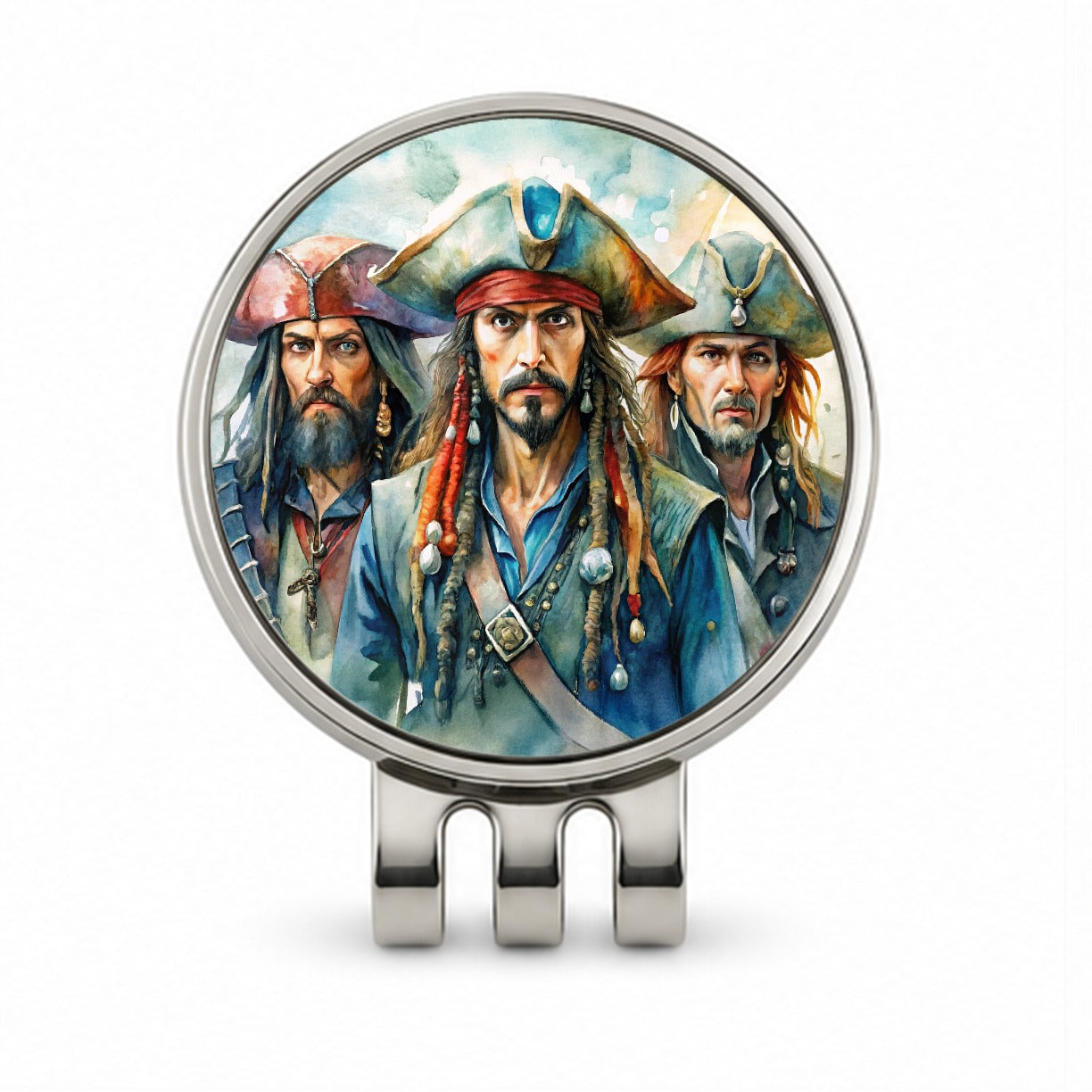 Angry Swashbuckling Pirates Watercolor Golf Hat Clip with Ball Marker