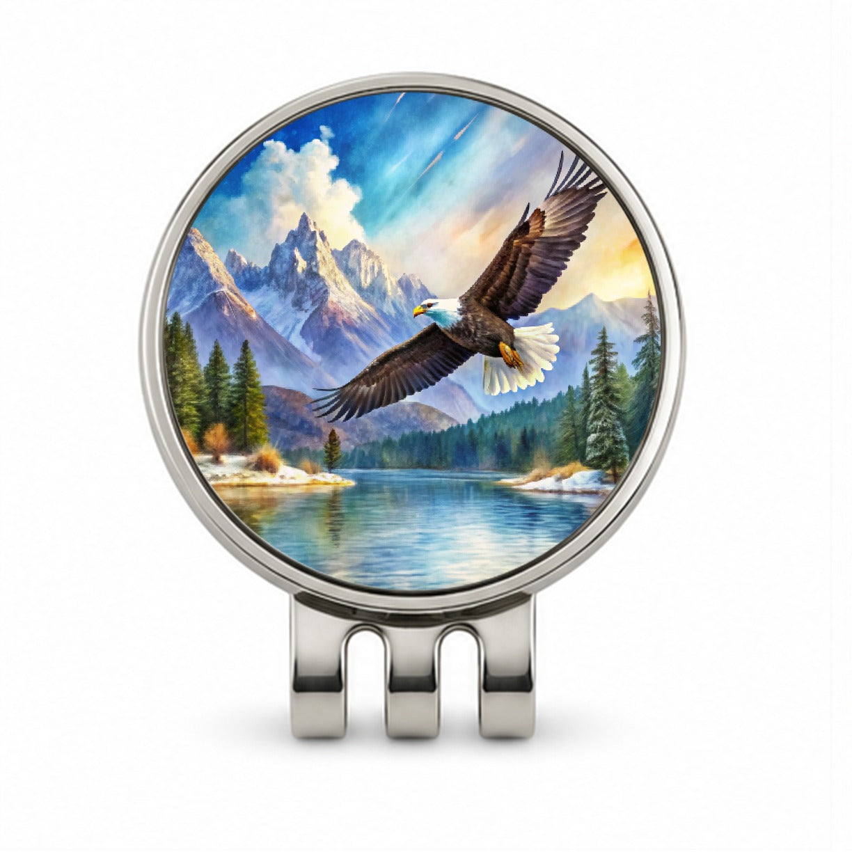 Bald Eagle Flying With Mountains Lake Watercolor Golf Hat Clip with Ball Marker