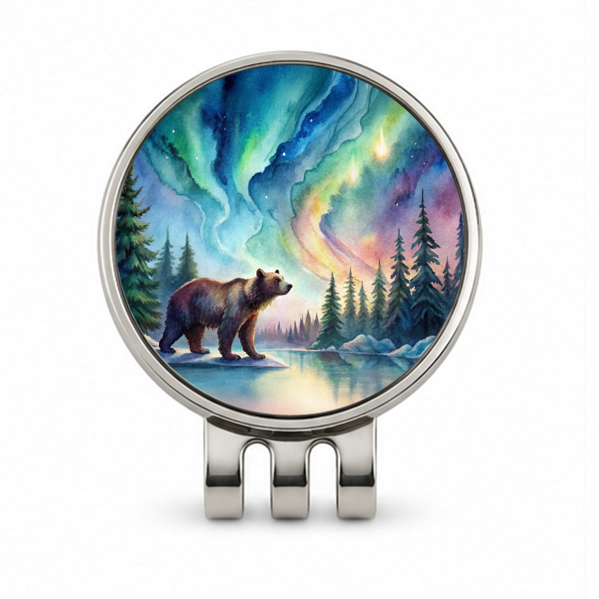 Bear And Northern Lights Watercolor Golf Hat Clip with Ball Marker