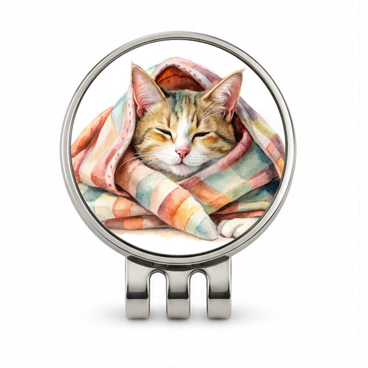 Cat Snuggling In Blanket Watercolor Golf Hat Clip with Ball Marker