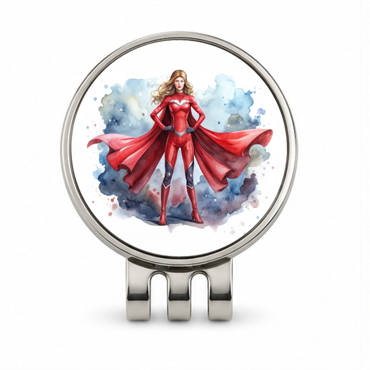 Classic Female Superhero With Red Costume Watercolor Golf Hat Clip with Ball Marker