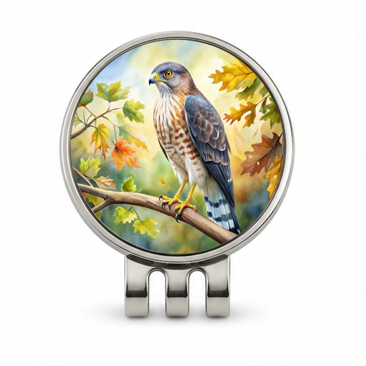 Cooper's Hawk Raptor Bird Of Prey In Tree Watercolor Golf Hat Clip with Ball Marker