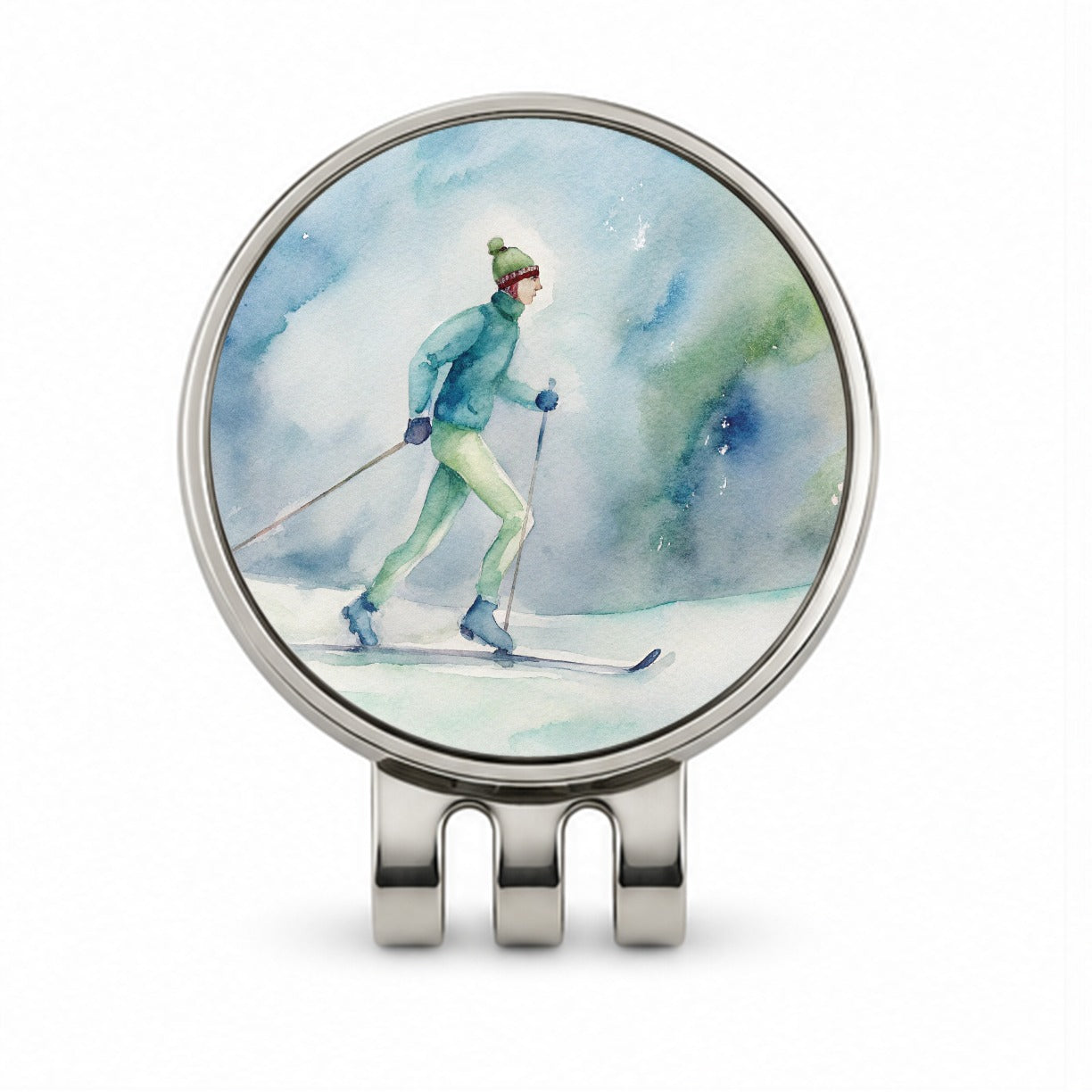 Cross Country Skiing Watercolor Golf Hat Clip with Ball Marker