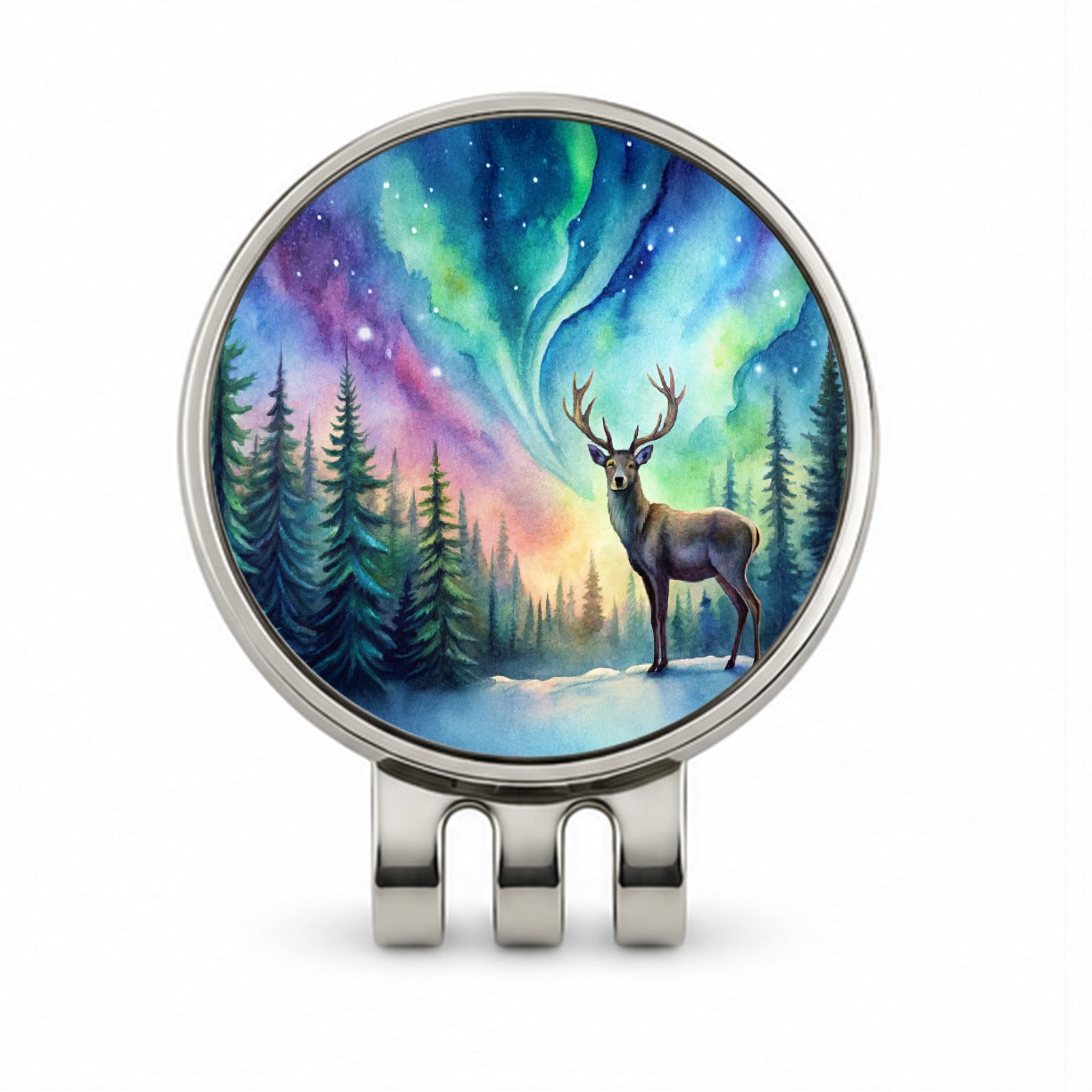 Deer And Northern Lights Watercolor Golf Hat Clip with Ball Marker