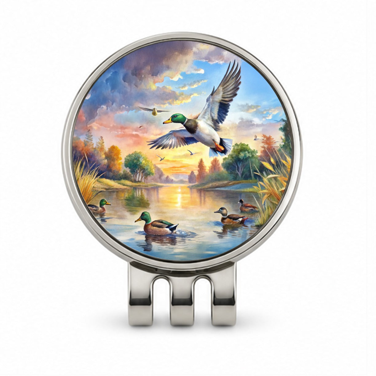 Ducks Flying At Sunrise Hunting Watercolor Golf Hat Clip with Ball Marker
