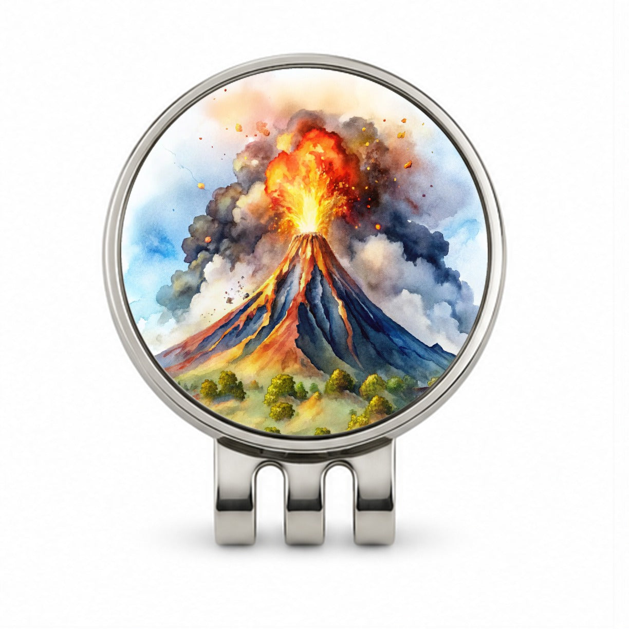 Erupting Volcano Watercolor Golf Hat Clip with Ball Marker