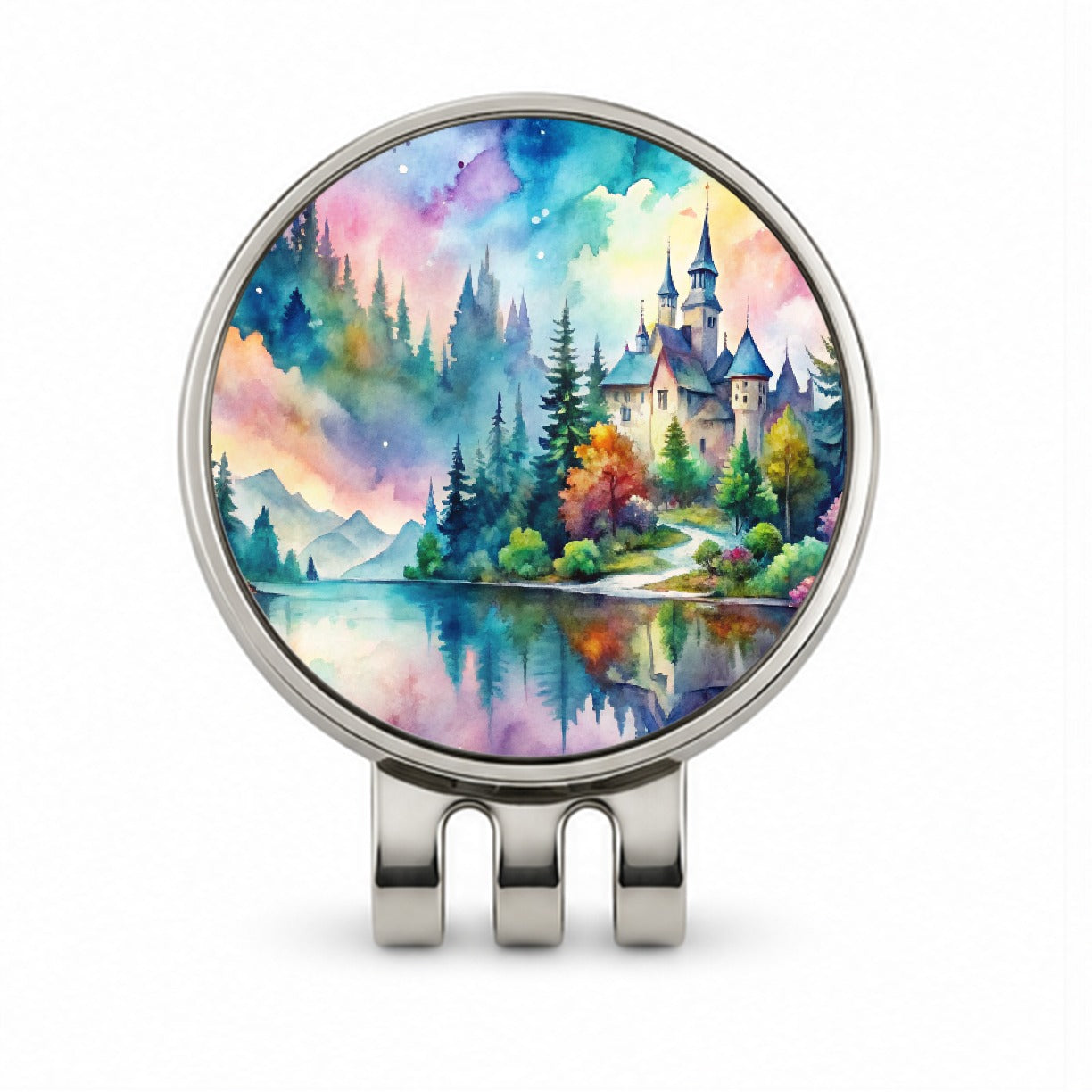 Fantasy Lake And Castle Scene Watercolor Golf Hat Clip with Ball Marker