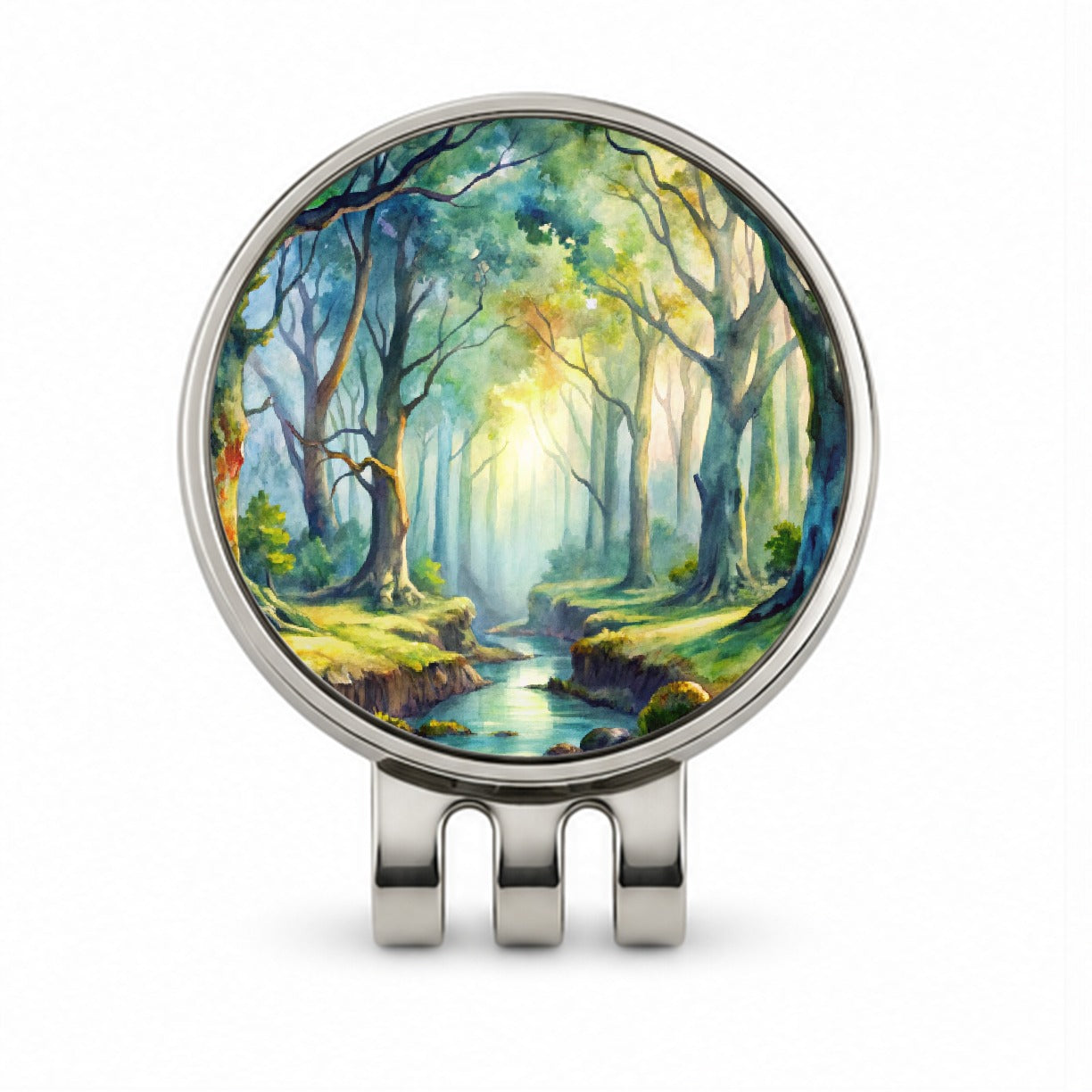 Fantasy Misty Forest Stream And Trees Watercolor Golf Hat Clip with Ball Marker
