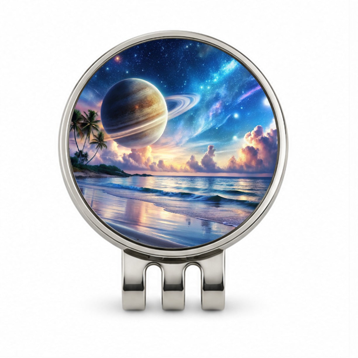 Fantasy Sci-fi World Saturn Rising Over Beach Golf Hat Clip with Ball Marker
