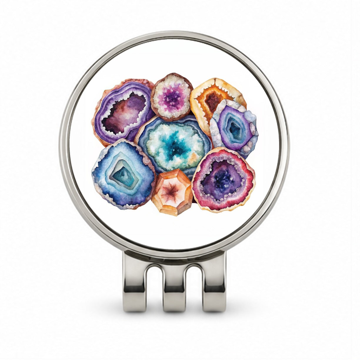Geode Volcanic Crystals Cut Open Watercolor Golf Hat Clip with Ball Marker