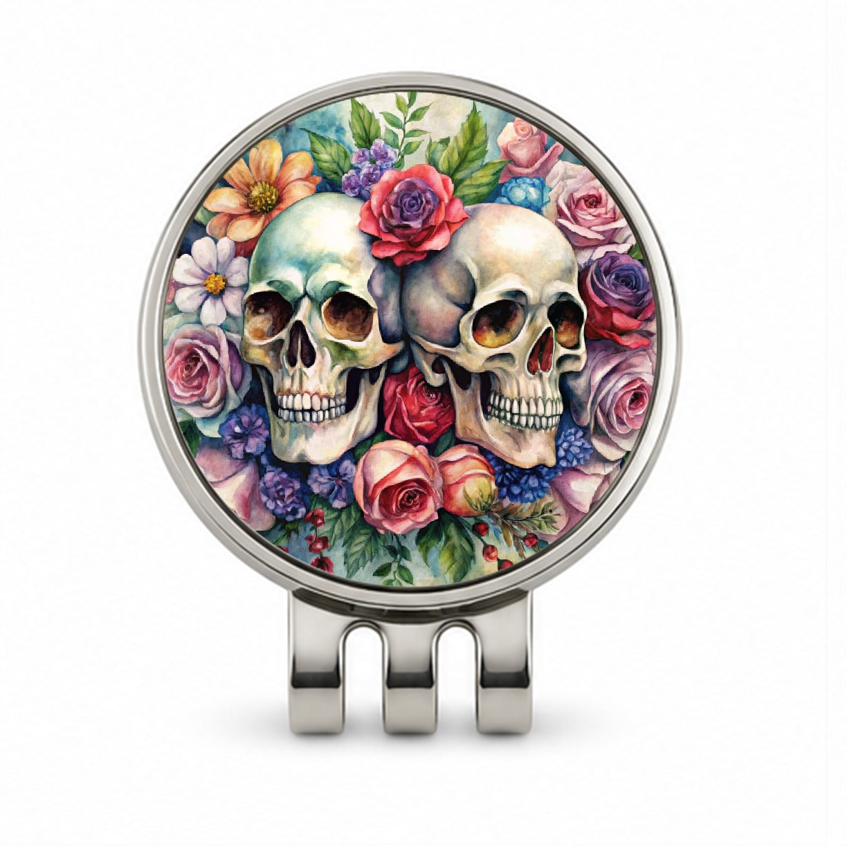 Gothic Skulls And Flowers Watercolor Golf Hat Clip with Ball Marker