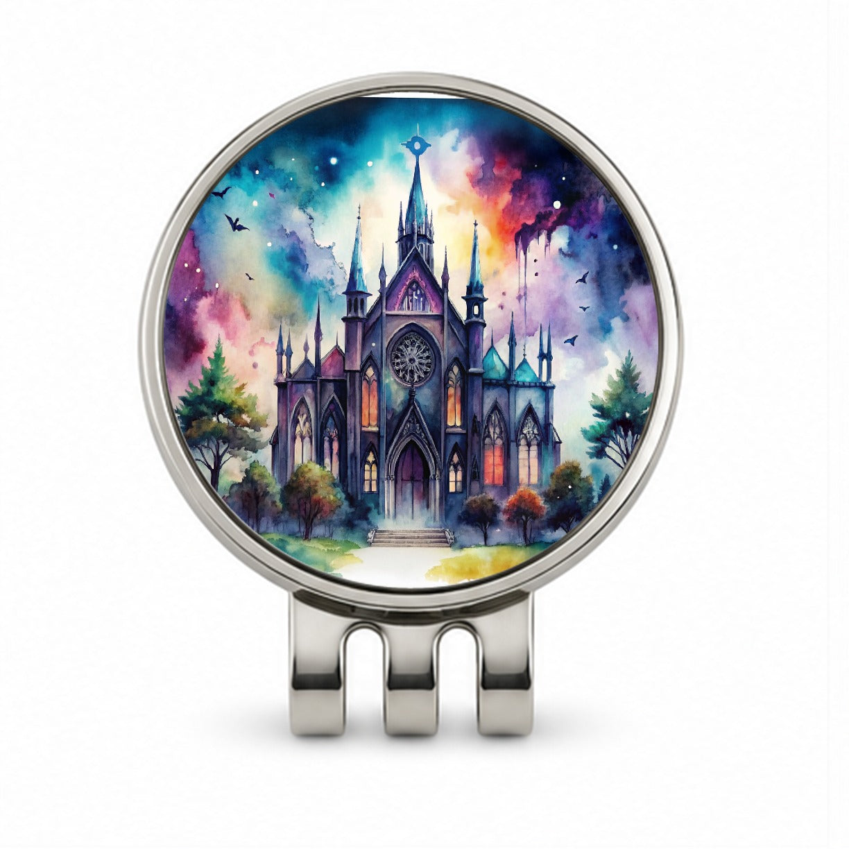 Gothic Style Church Watercolor Golf Hat Clip with Ball Marker