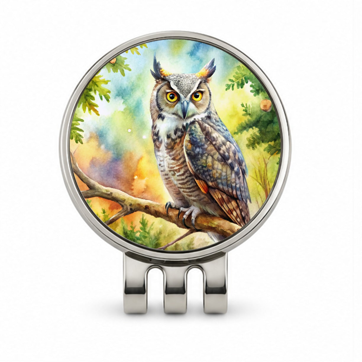 Great Horned Owl In Tree Watercolor Golf Hat Clip with Ball Marker