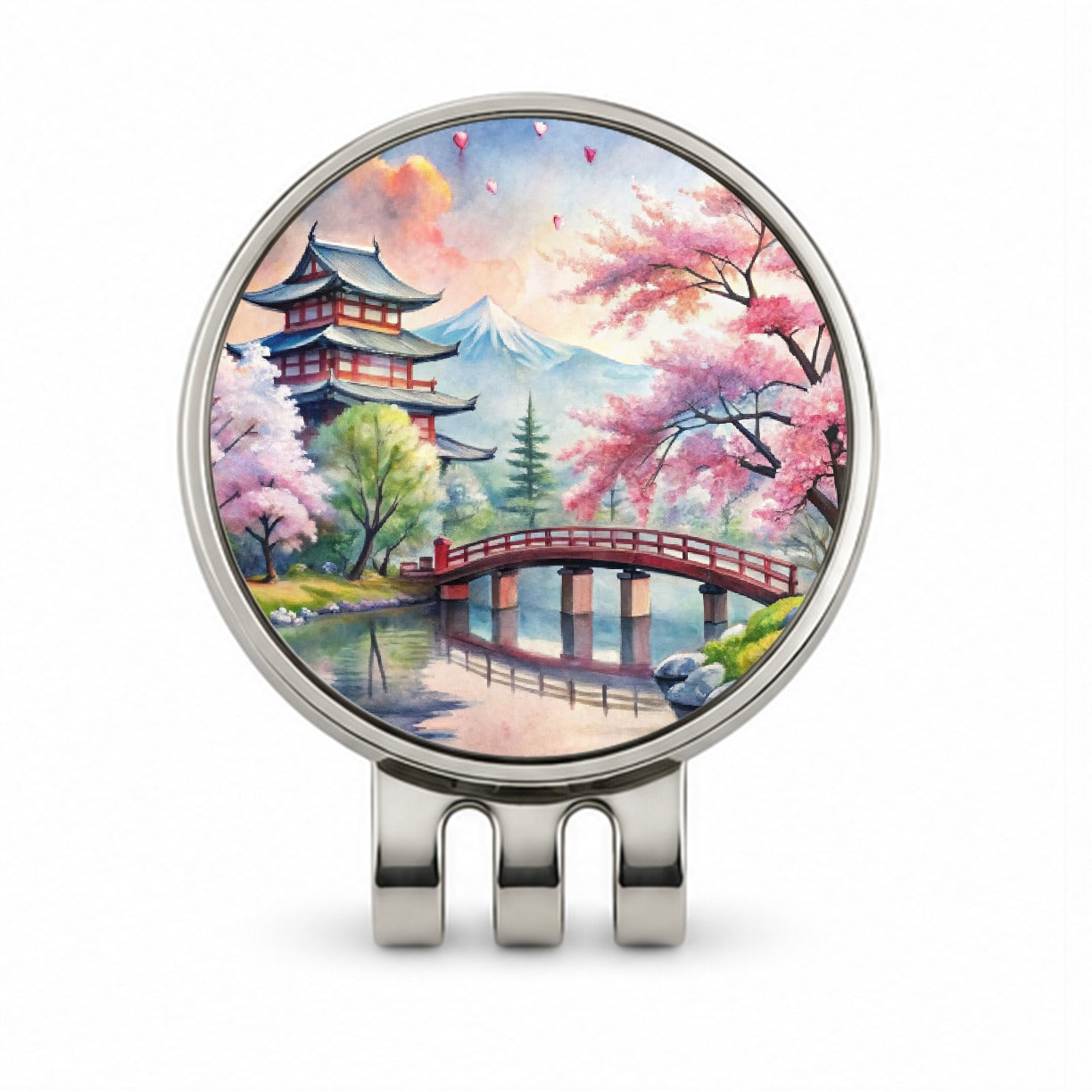 Japanese Scene With Bridge And Cherry Blossom Trees Watercolor Golf Hat Clip with Ball Marker