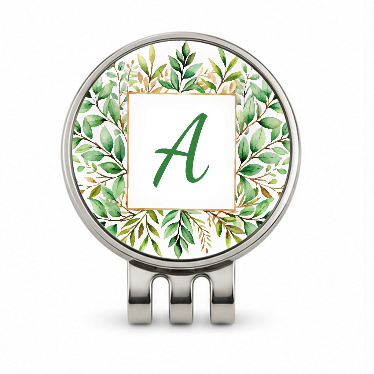 Letter A Initial Monogram Frame Leaf Golf Hat Clip with Ball Marker