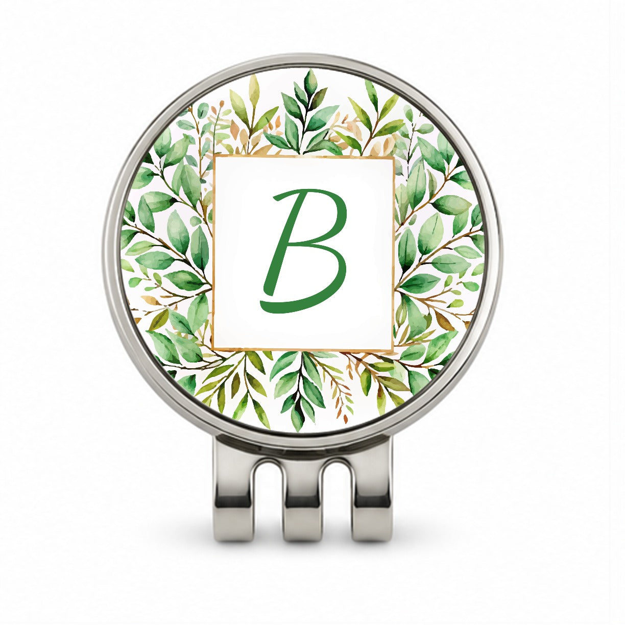 Letter B Initial Monogram Frame Leaf Golf Hat Clip with Ball Marker