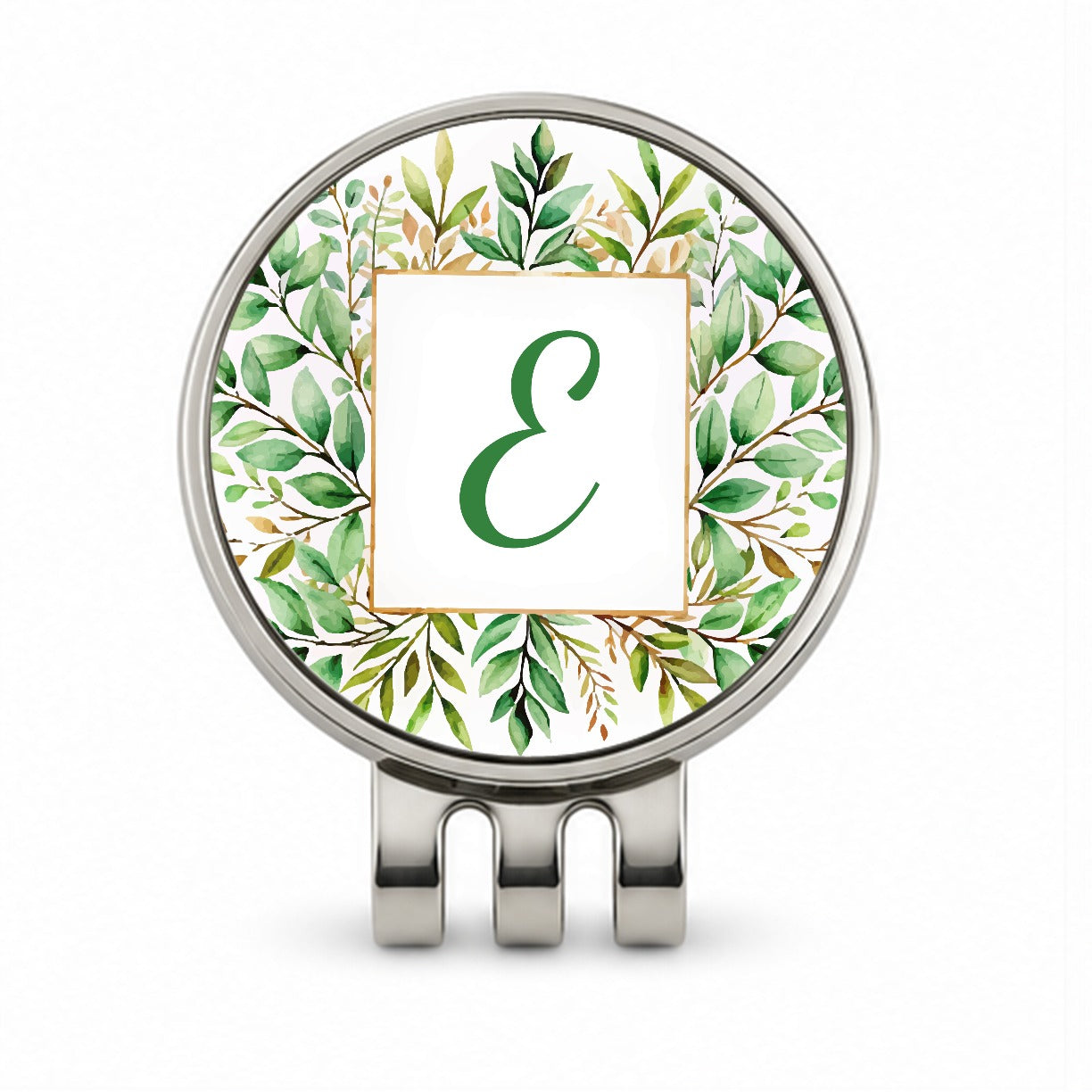 Letter E Initial Monogram Frame Leaf Golf Hat Clip with Ball Marker