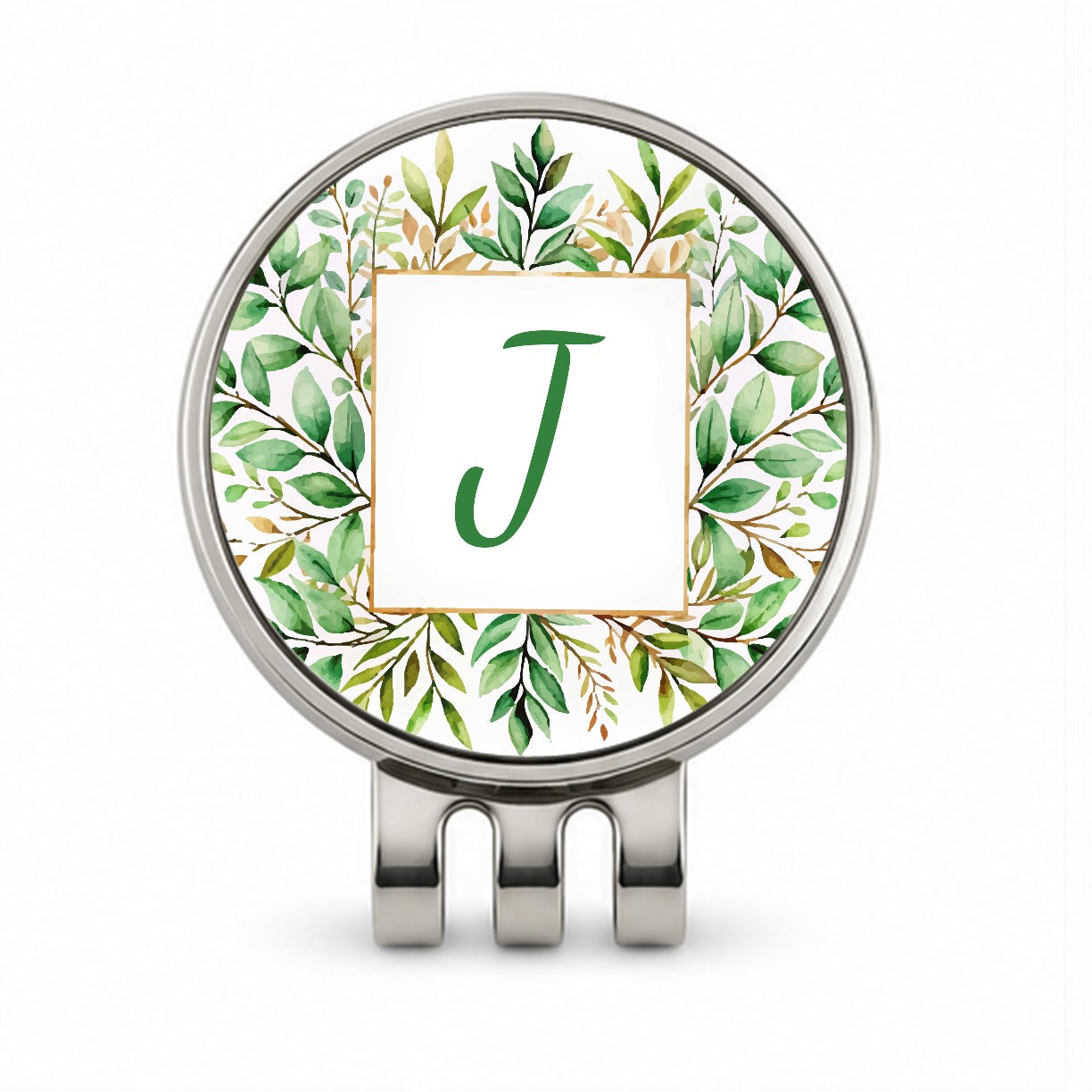 Letter J Initial Monogram Frame Leaf Golf Hat Clip with Ball Marker