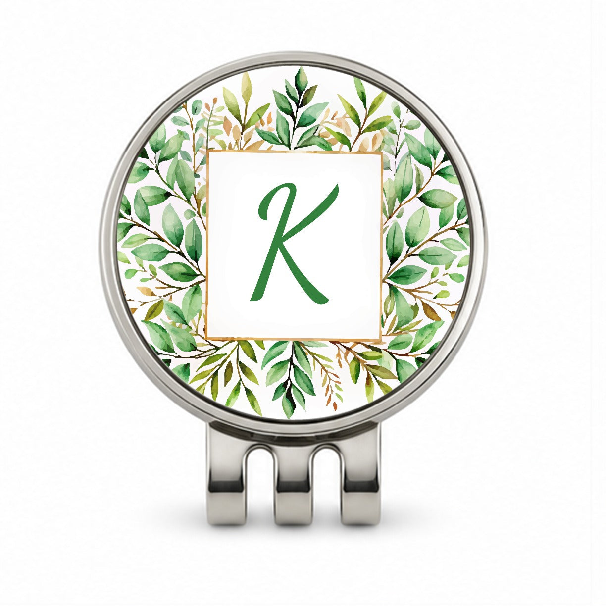 Letter K Initial Monogram Frame Leaf Golf Hat Clip with Ball Marker