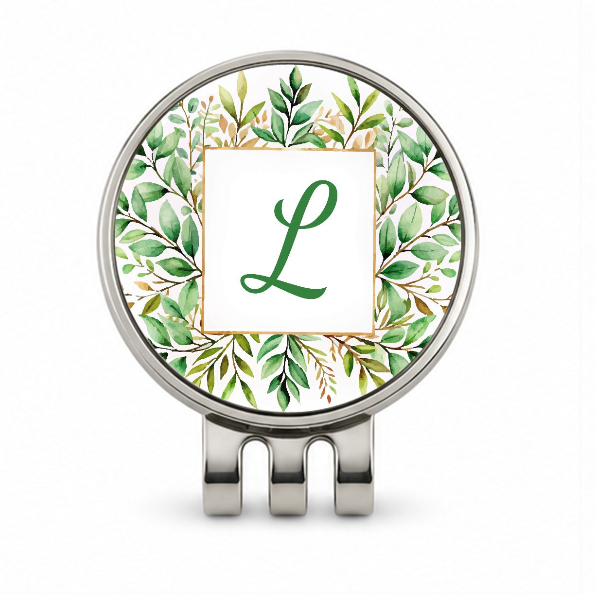Letter L Initial Monogram Frame Leaf Golf Hat Clip with Ball Marker