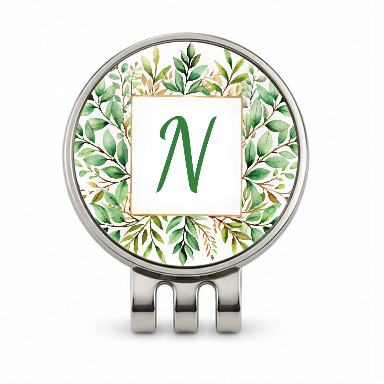 Letter N Initial Monogram Frame Leaf Golf Hat Clip with Ball Marker