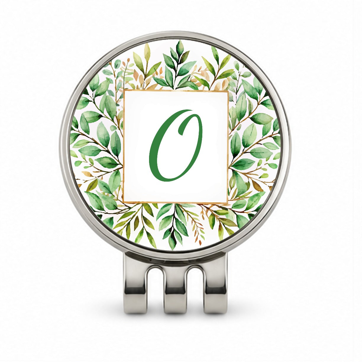 Letter O Initial Monogram Frame Leaf Golf Hat Clip with Ball Marker