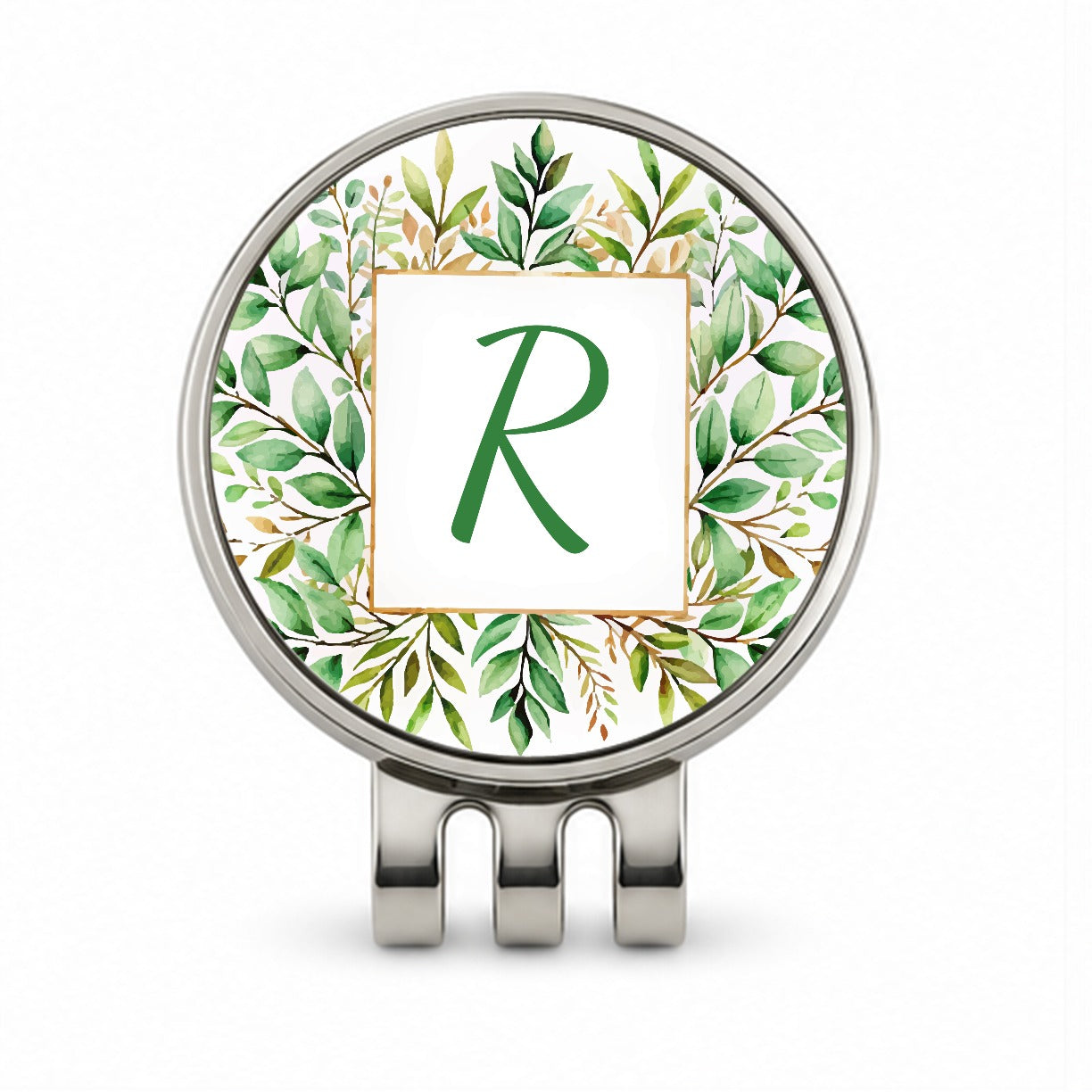 Letter R Initial Monogram Frame Leaf Golf Hat Clip with Ball Marker