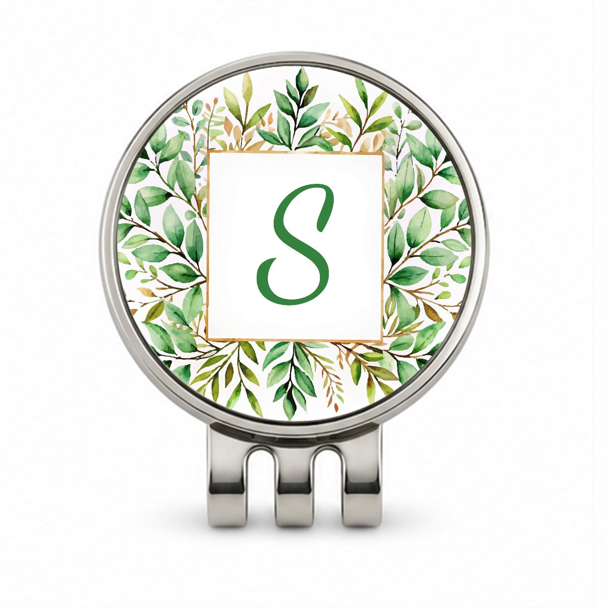 Letter S Initial Monogram Frame Leaf Golf Hat Clip with Ball Marker