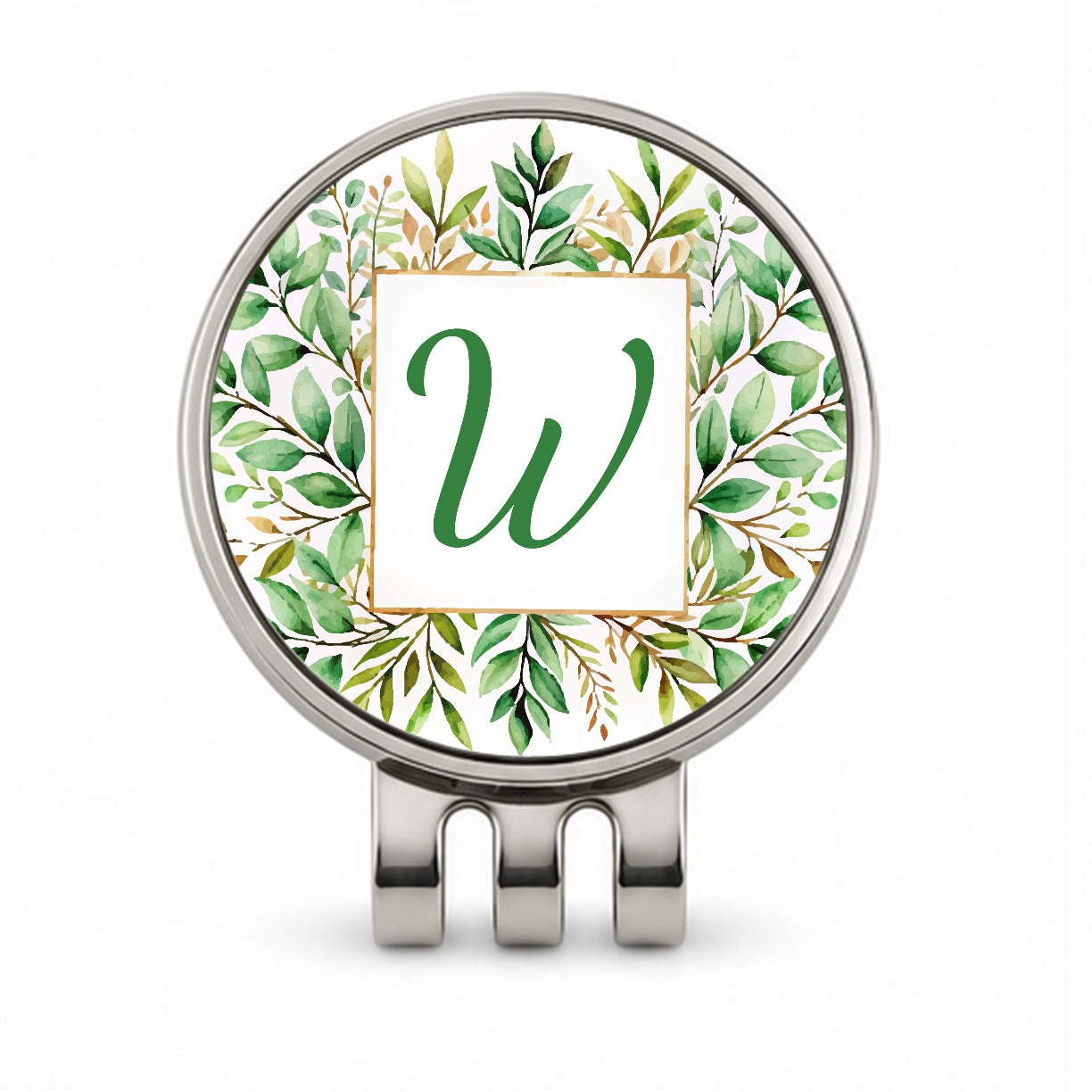 Letter W Initial Monogram Frame Leaf Golf Hat Clip with Ball Marker