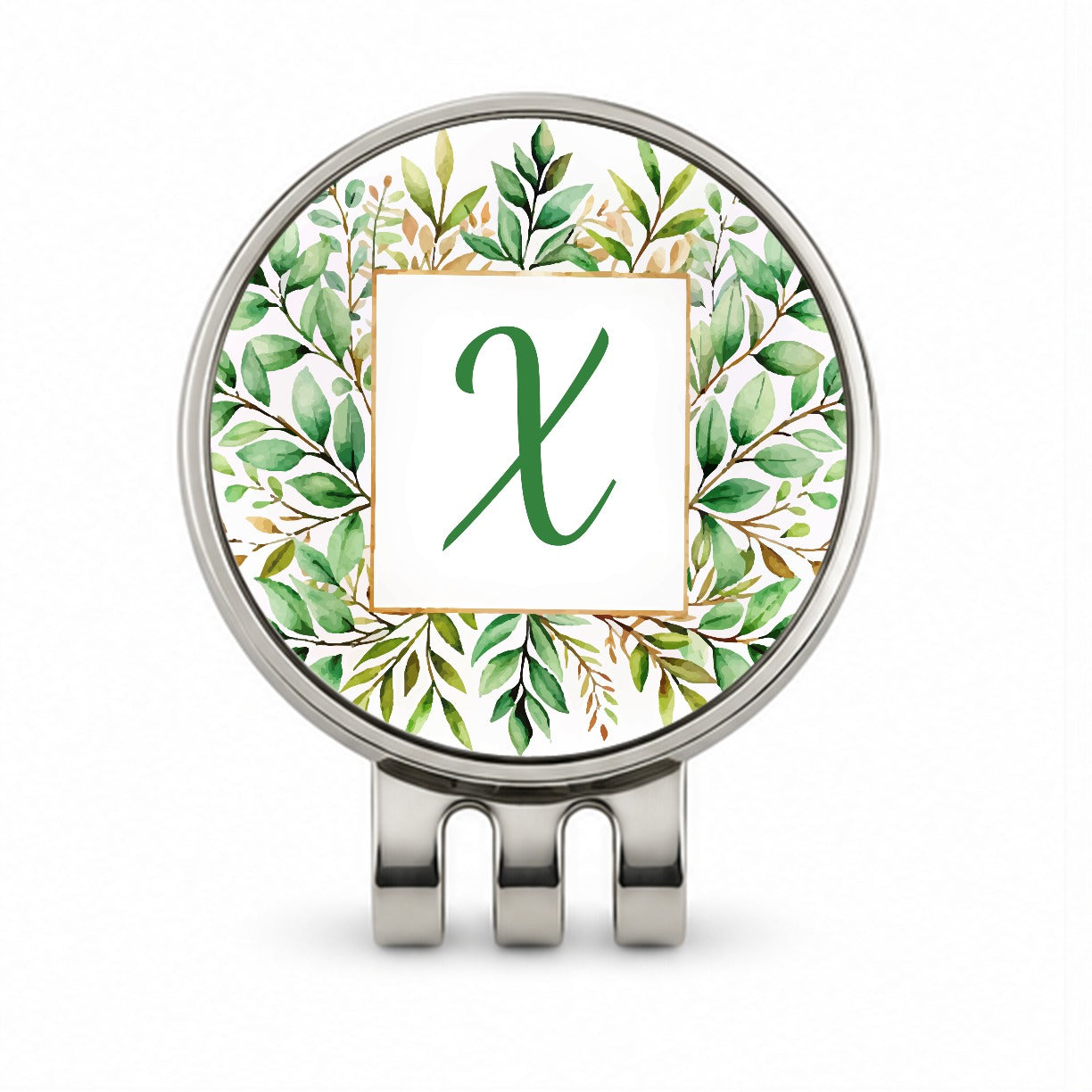 Letter X Initial Monogram Frame Leaf Golf Hat Clip with Ball Marker