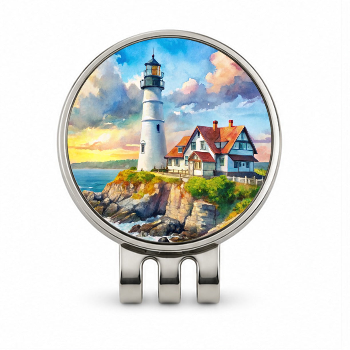 Lighthouse Like Portland Head Maine Watercolor Golf Hat Clip with Ball Marker