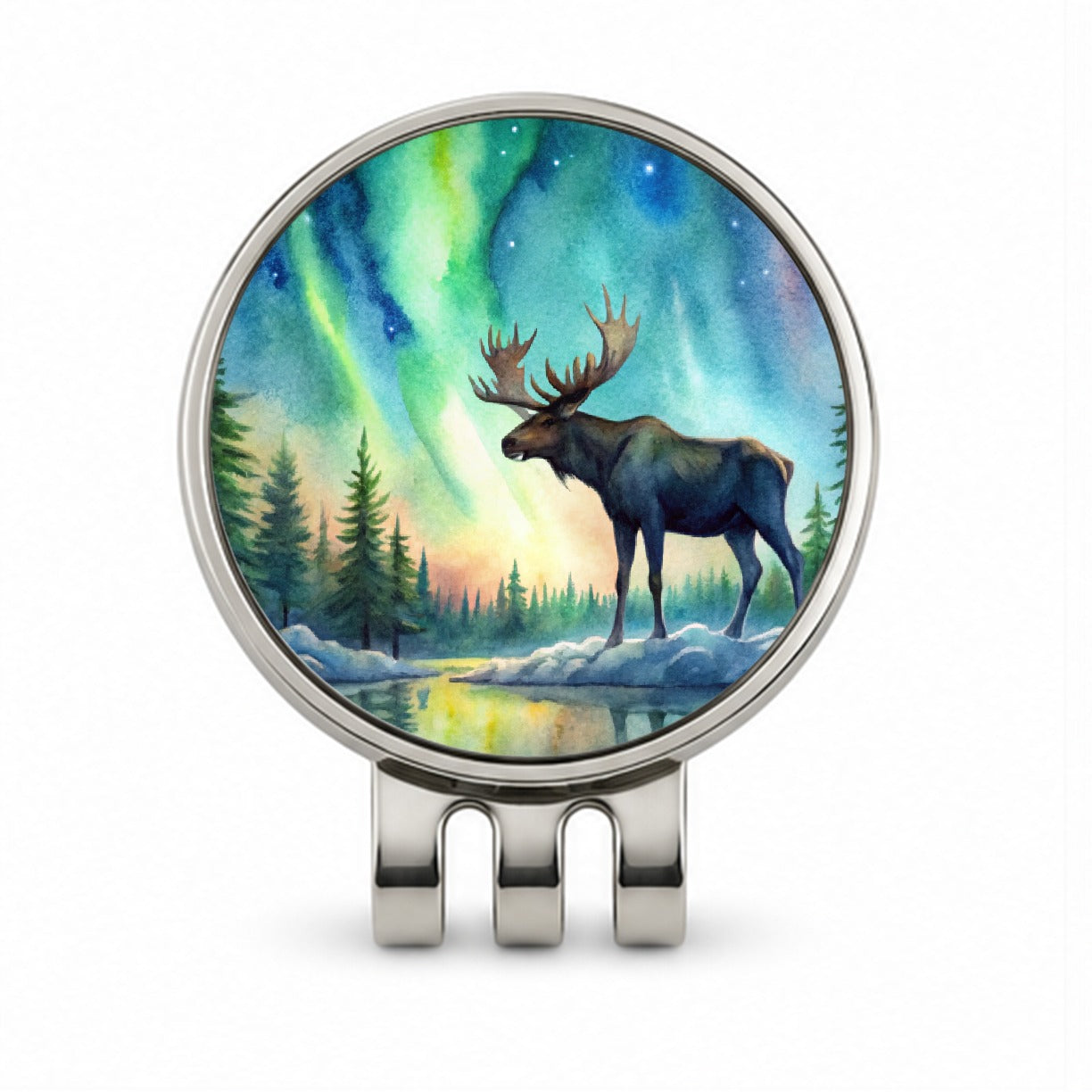 Moose And Northern Lights Watercolor Golf Hat Clip with Ball Marker