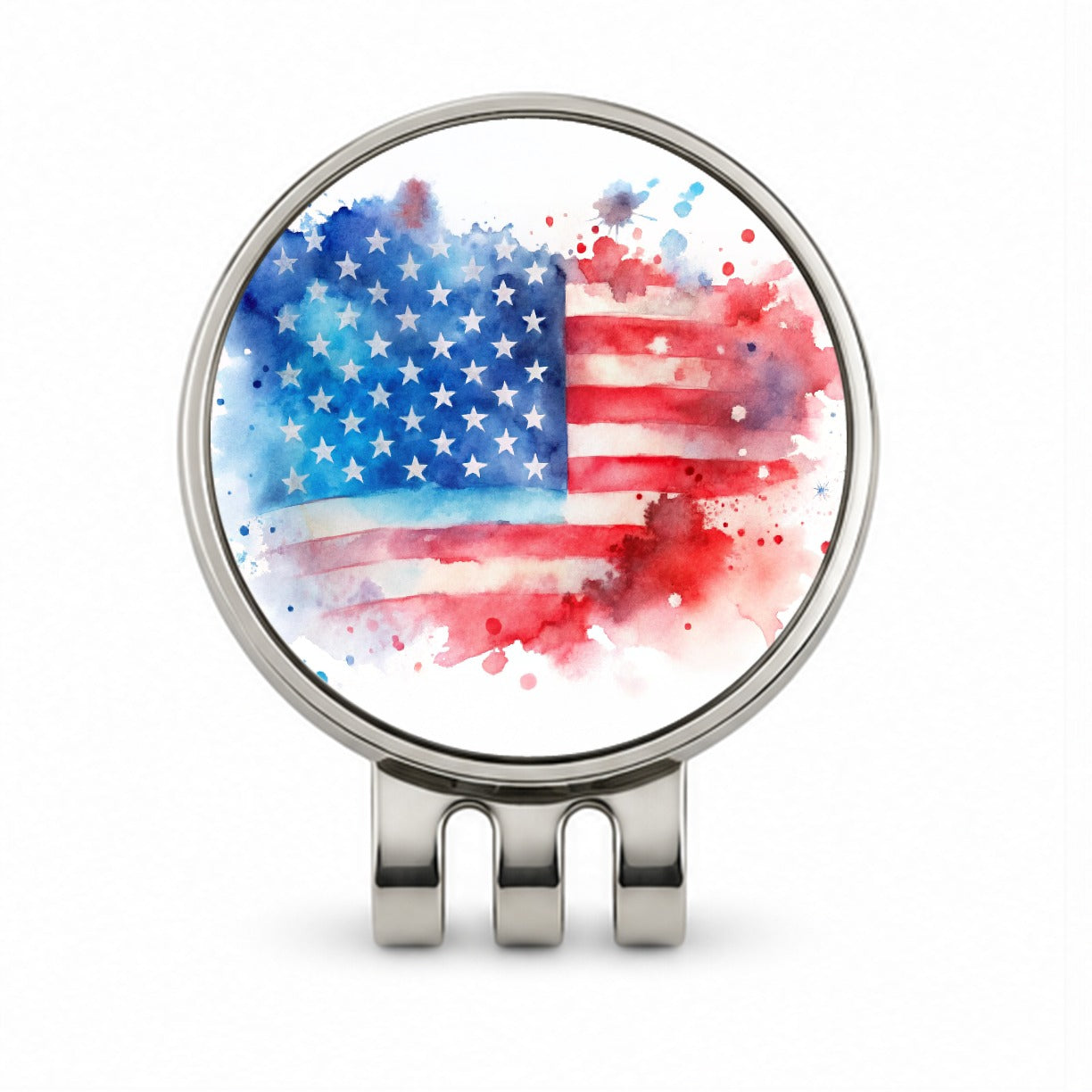 Patriotic American Flag USA Watercolor Golf Hat Clip with Ball Marker