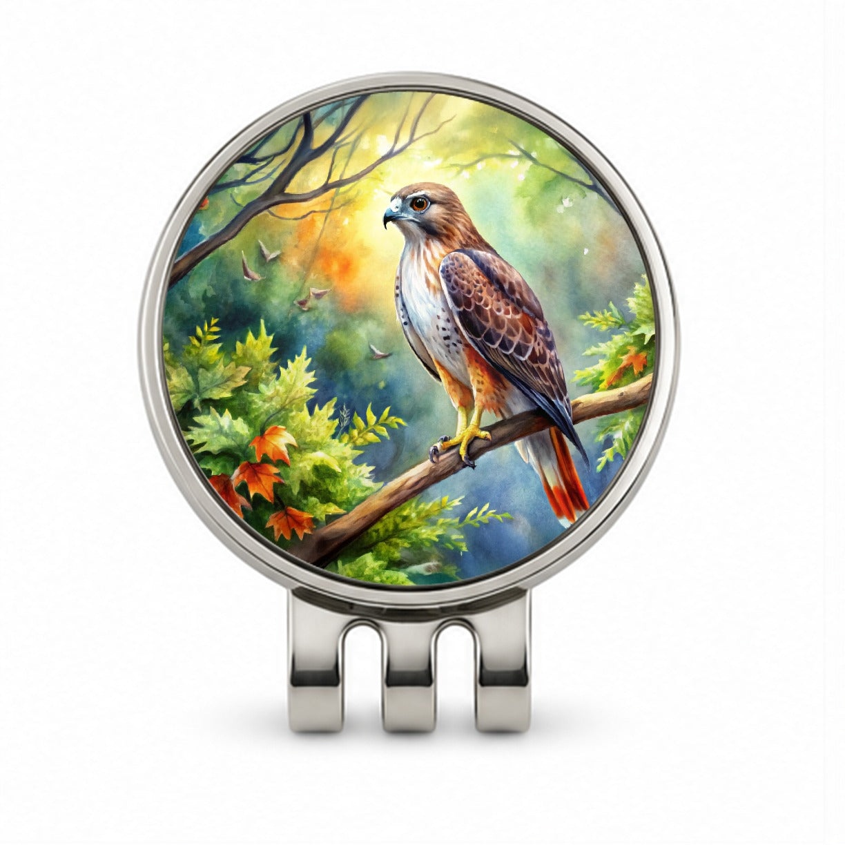 Red-tailed Hawk Raptor Bird Of Prey In Tree Watercolor Golf Hat Clip with Ball Marker