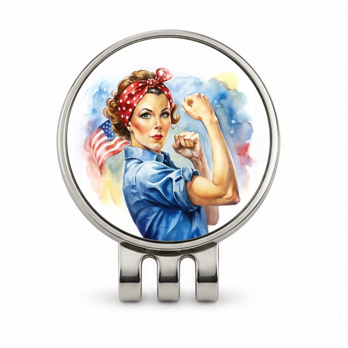 Rosie The Riveter Patriotic Watercolor Golf Hat Clip with Ball Marker