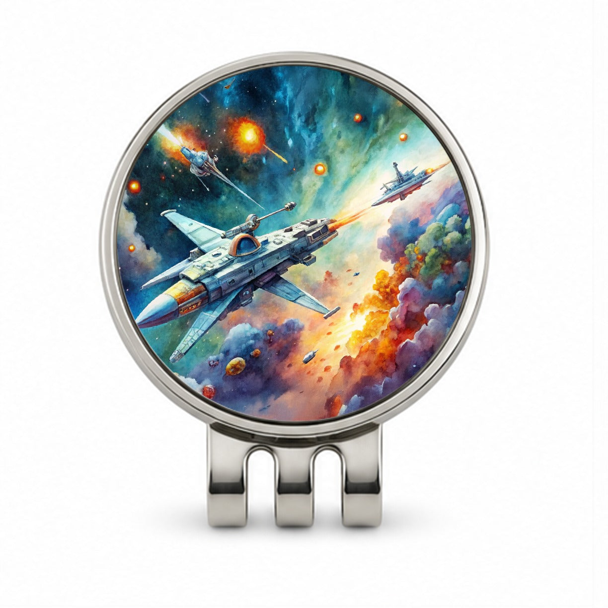 Sci-fi Spaceships Fighting In Space Watercolor Golf Hat Clip with Ball Marker