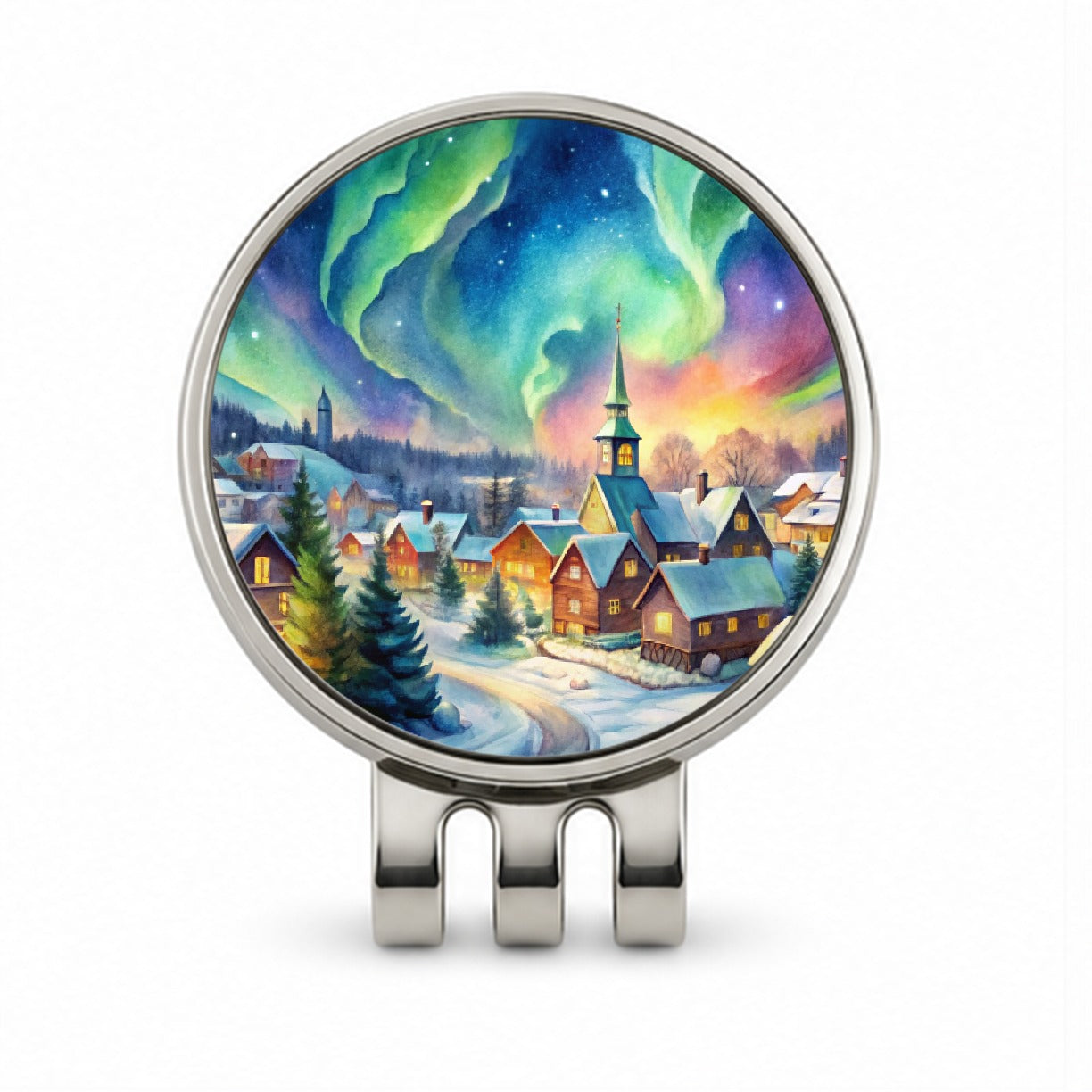Small Town Northern Lights Watercolor Golf Hat Clip with Ball Marker