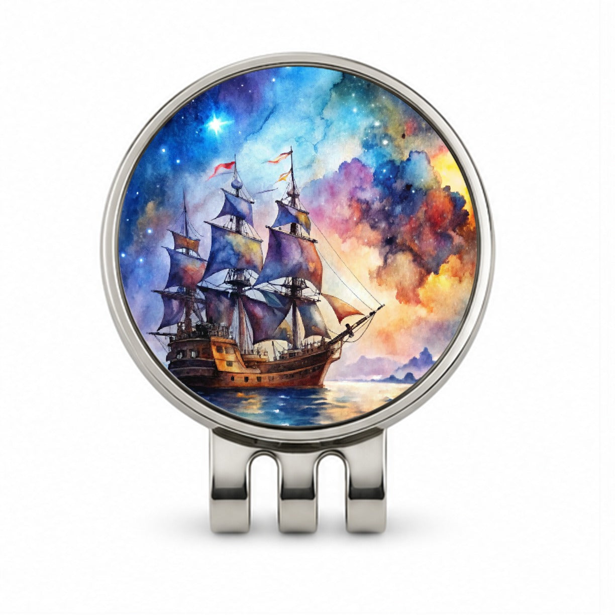 Space Pirate Ship Watercolor Golf Hat Clip with Ball Marker