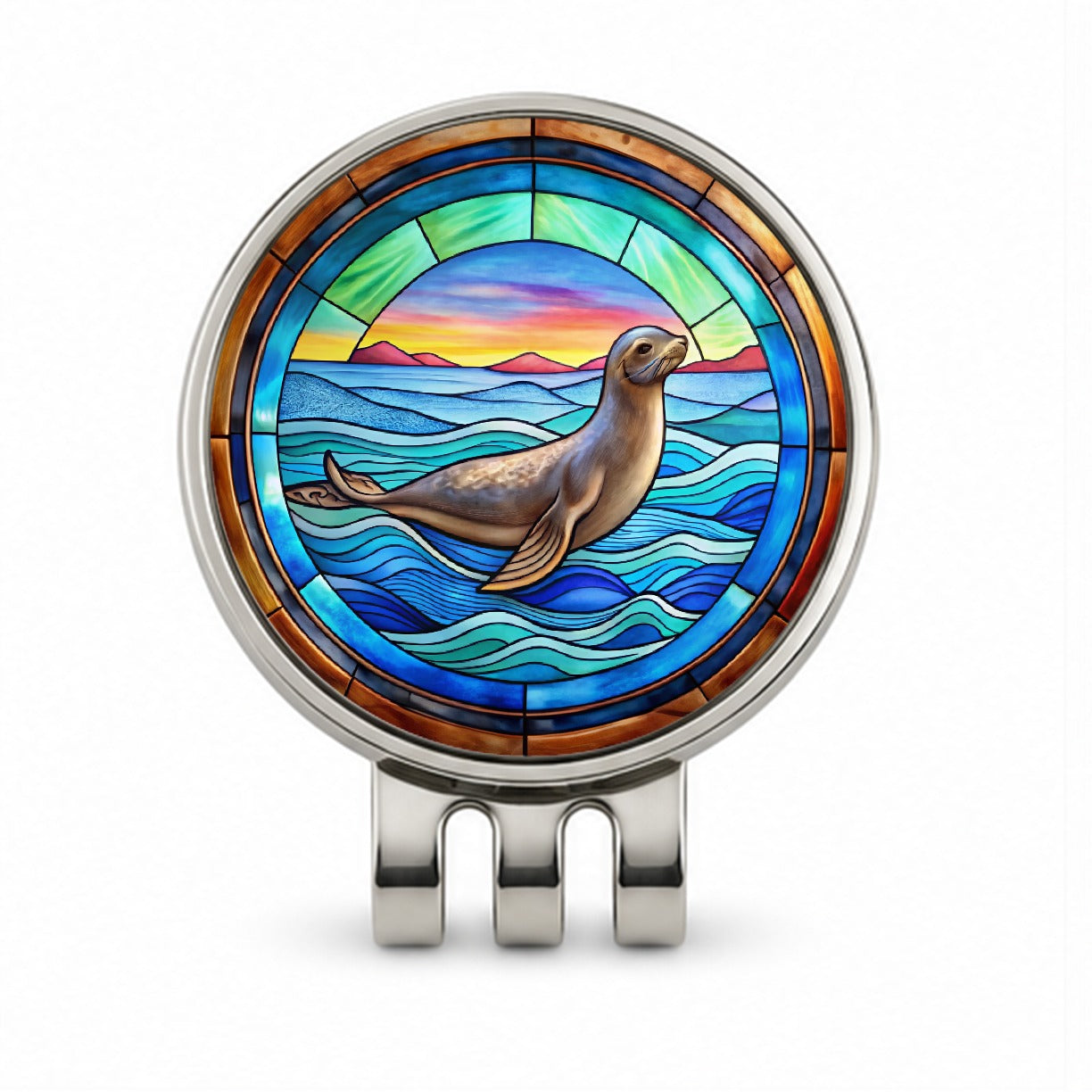 Stained Glass Seal In The Ocean Golf Hat Clip with Ball Marker
