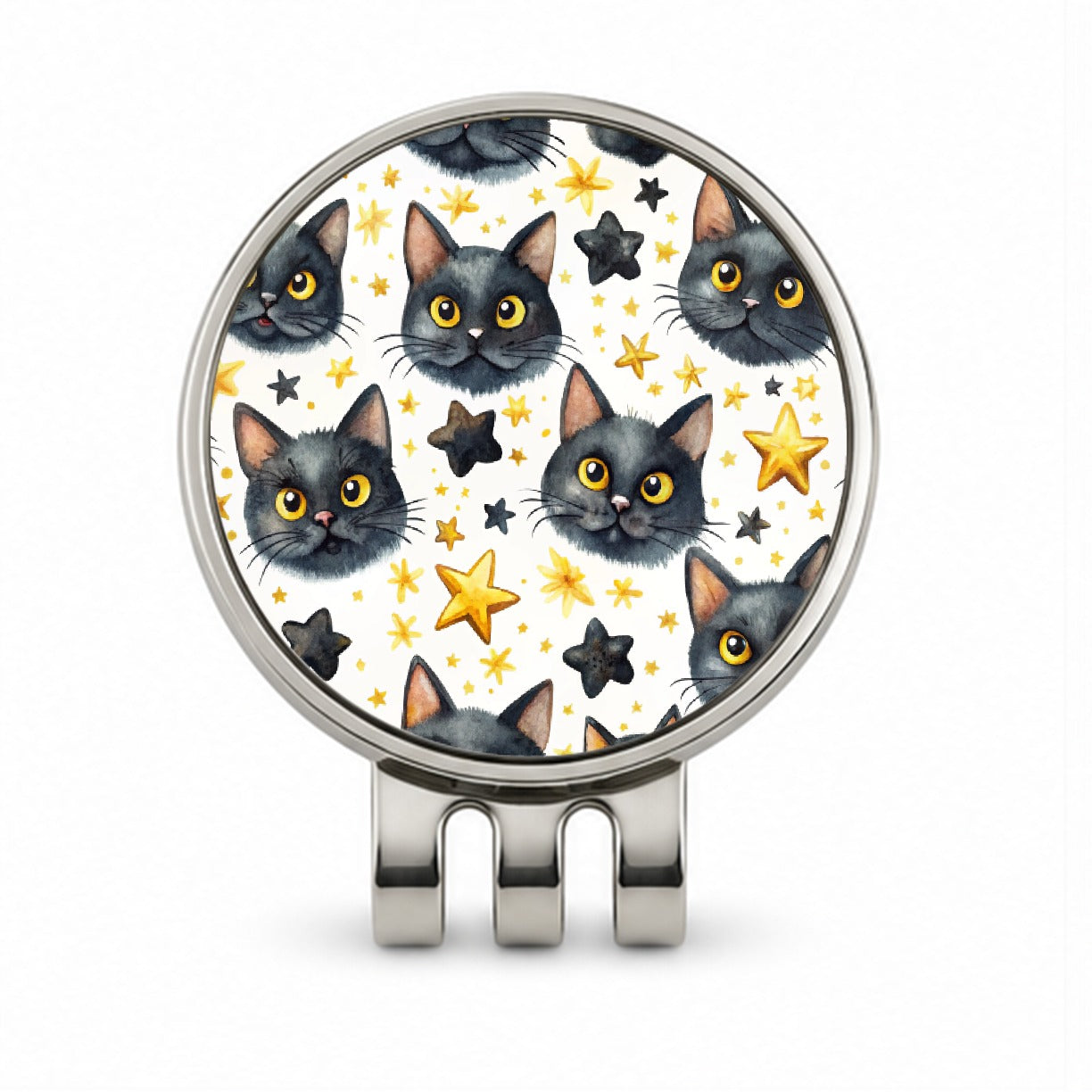 Sweet Black Cat Faces Yellow Stars Golf Hat Clip with Ball Marker