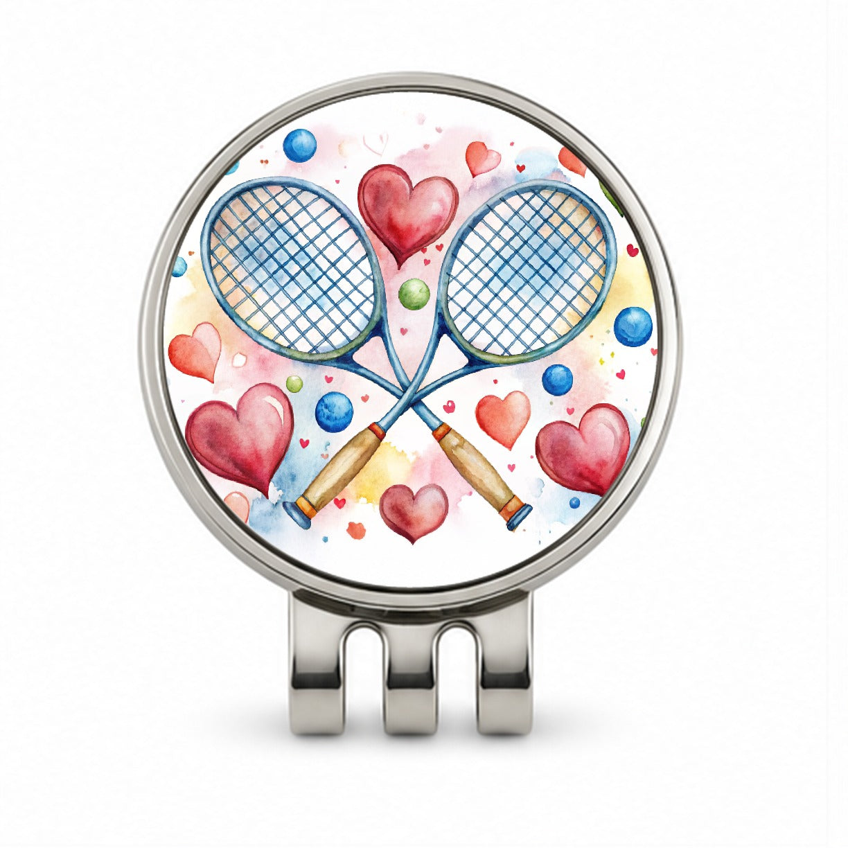 Tennis Rackets Crossed With Hearts Watercolor Golf Hat Clip with Ball Marker