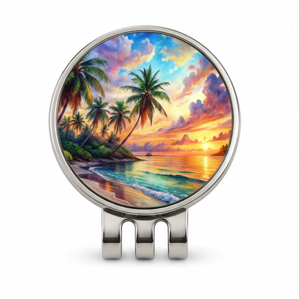 Tropical Beach At Sunset Watercolor Golf Hat Clip with Ball Marker