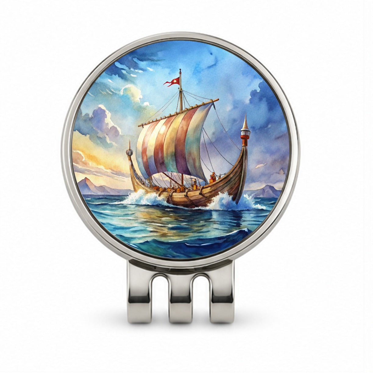 Viking Ship On The Ocean Watercolor Golf Hat Clip with Ball Marker