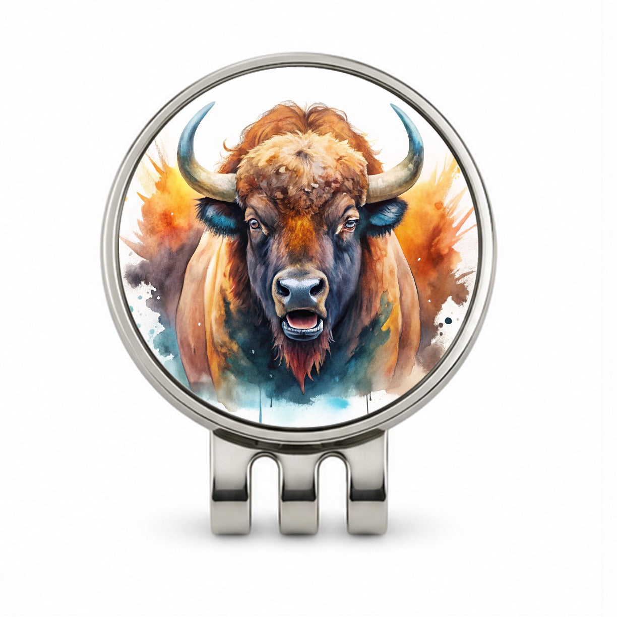 Angry American Bison Buffalo Watercolor Golf Hat Clip with Ball Marker